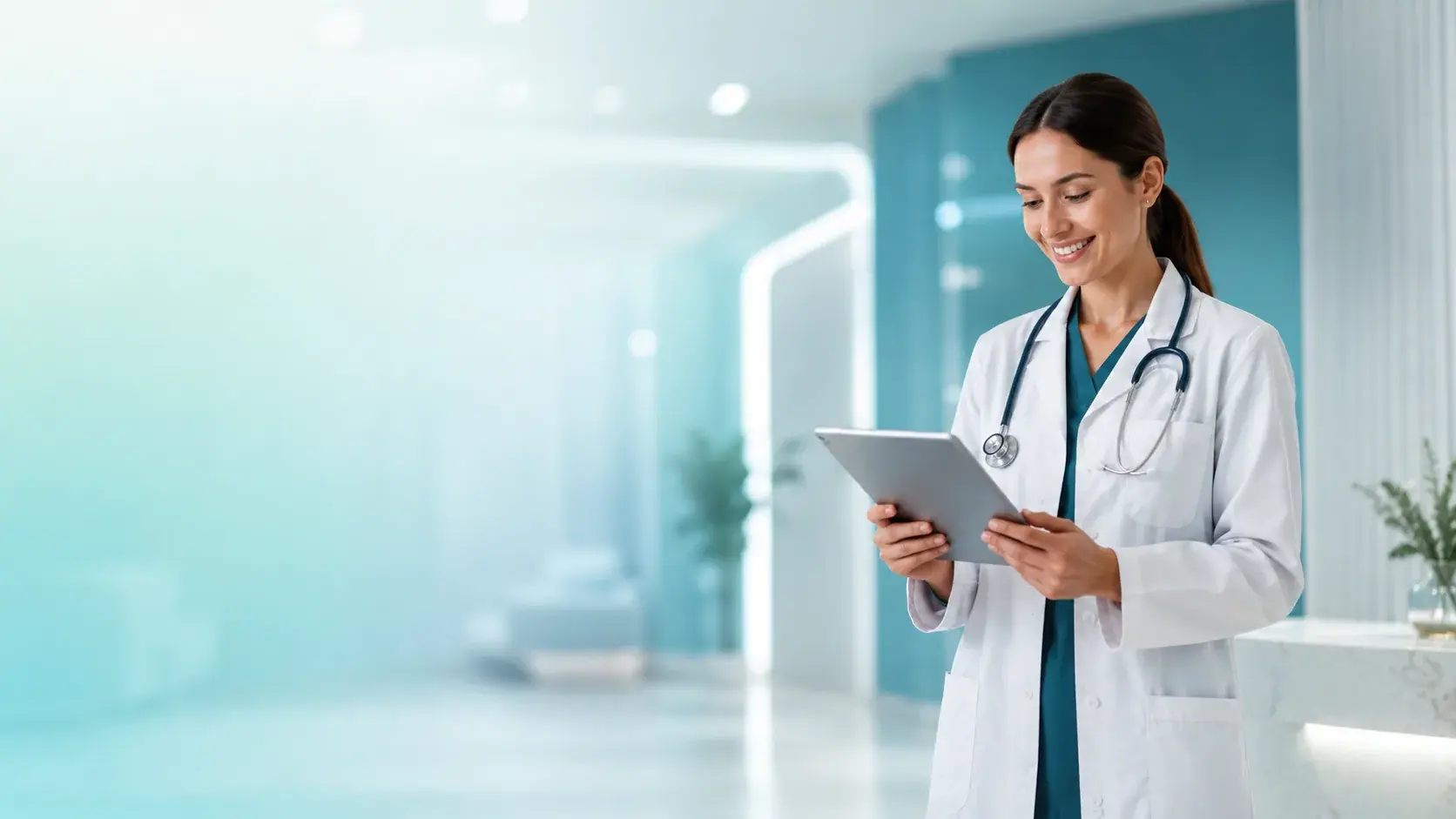 Pflegefachkraft mit Tablet in einer hellen, modernen Klinikumgebung