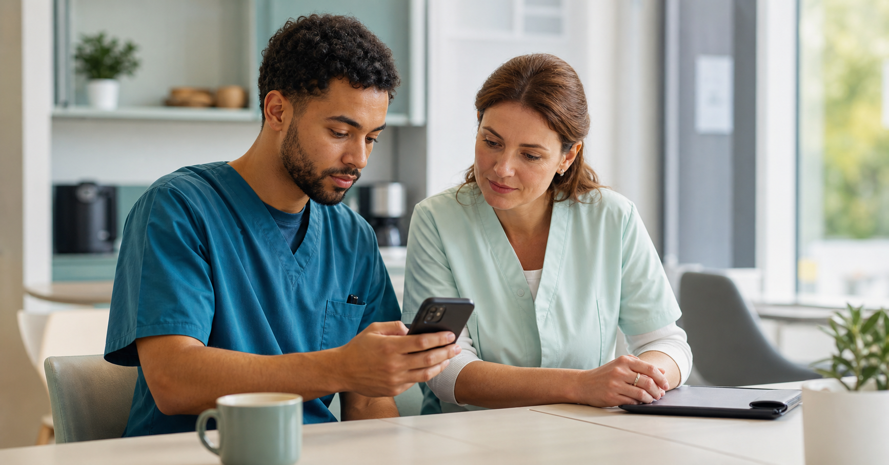 Pflegekraefte pruefen gemeinsam einen mobilen Bewerbungsweg am Smartphone