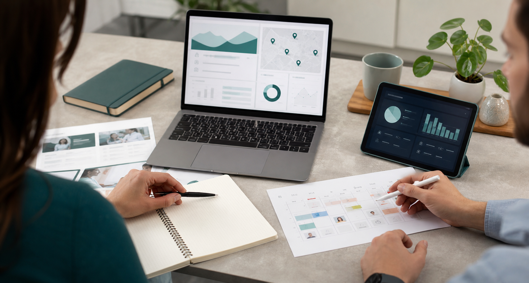 Digitaler Arbeitsplatz mit Website-, SEO- und Prozessplanung fuer Pflegeanbieter